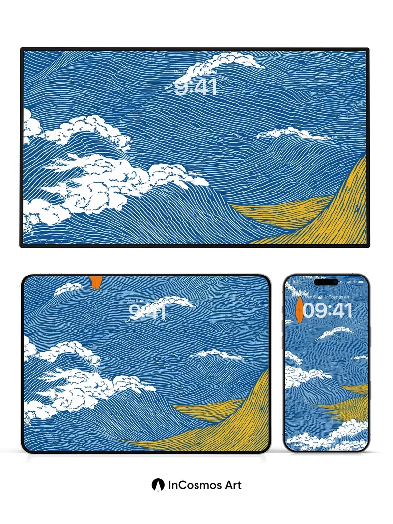 Surreal Wave Wallpaper with Floating Surfboard