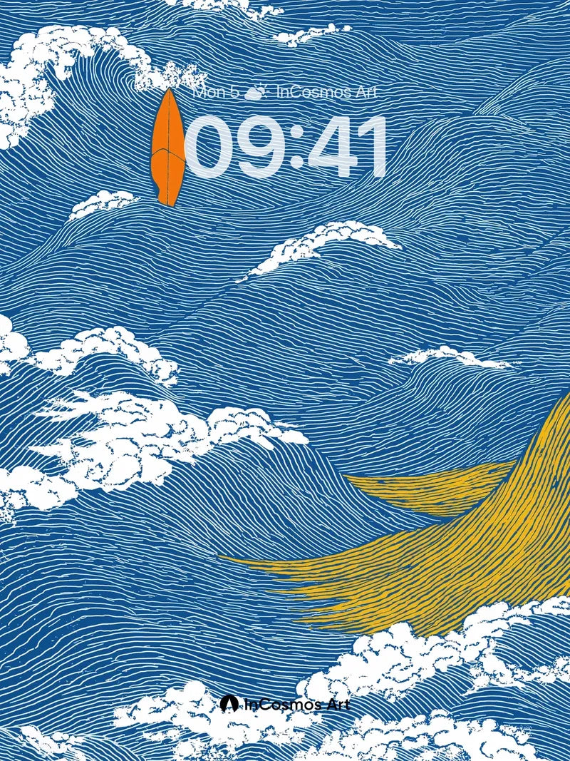 Surreal Wave Wallpaper with Floating Surfboard wallpaper for iPhone, iPad & Mac