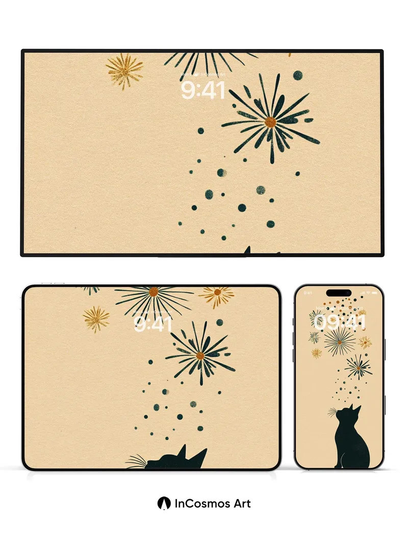 Whimsical Firework Wallpaper with Starry Cat Silhouette