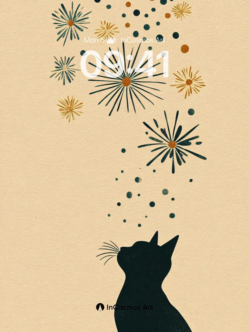 Whimsical Firework Wallpaper with Starry Cat Silhouette