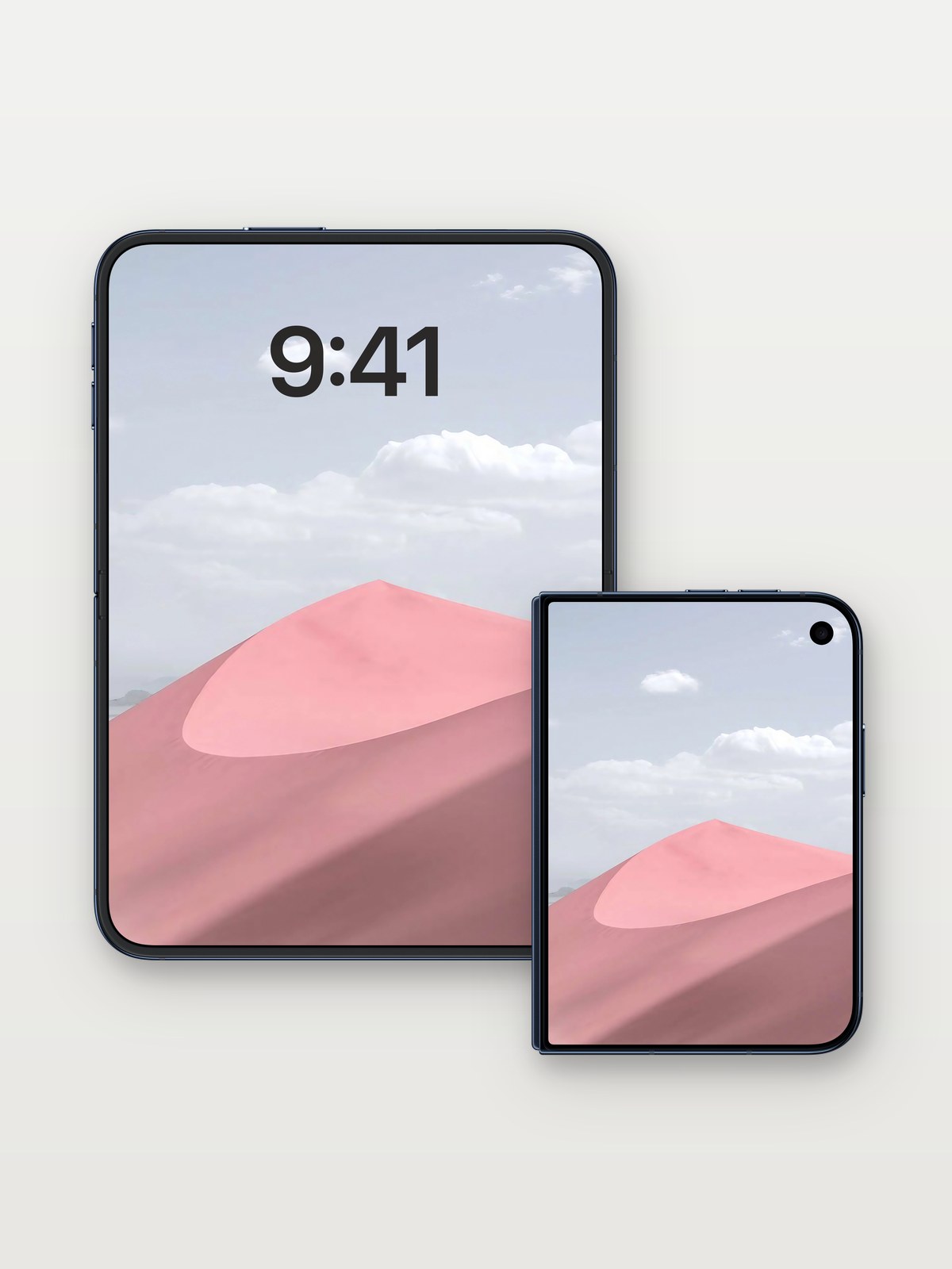 Serenity Dune Wallpaper with Soft Sky Gradient on iPhone Duo, open and closed