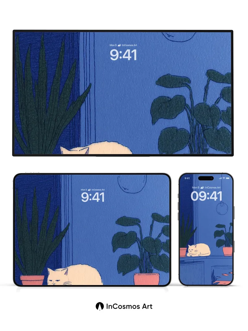 Calm Blue Hush Wallpaper with Sleeping Cat