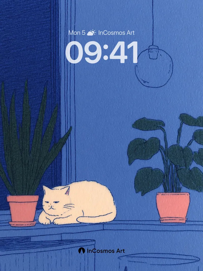 Calm Blue Hush Wallpaper with Sleeping Cat
