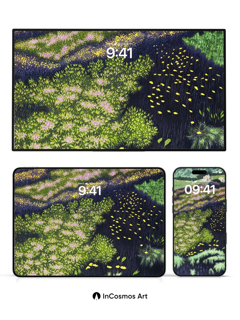 Luminous Meadow Wallpaper with Floating Petals