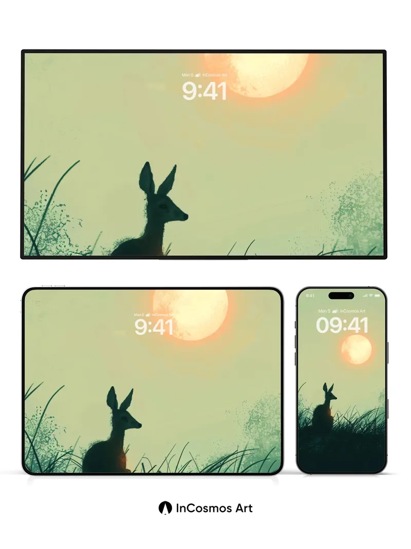 Serenity Deer Wallpaper with Distant Sun