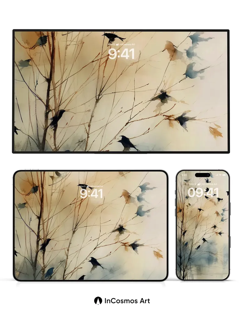 Whispering Branches Wallpaper with Flying Silhouettes