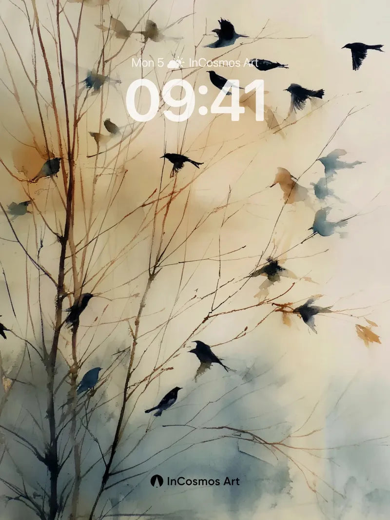 Whispering Branches Wallpaper with Flying Silhouettes