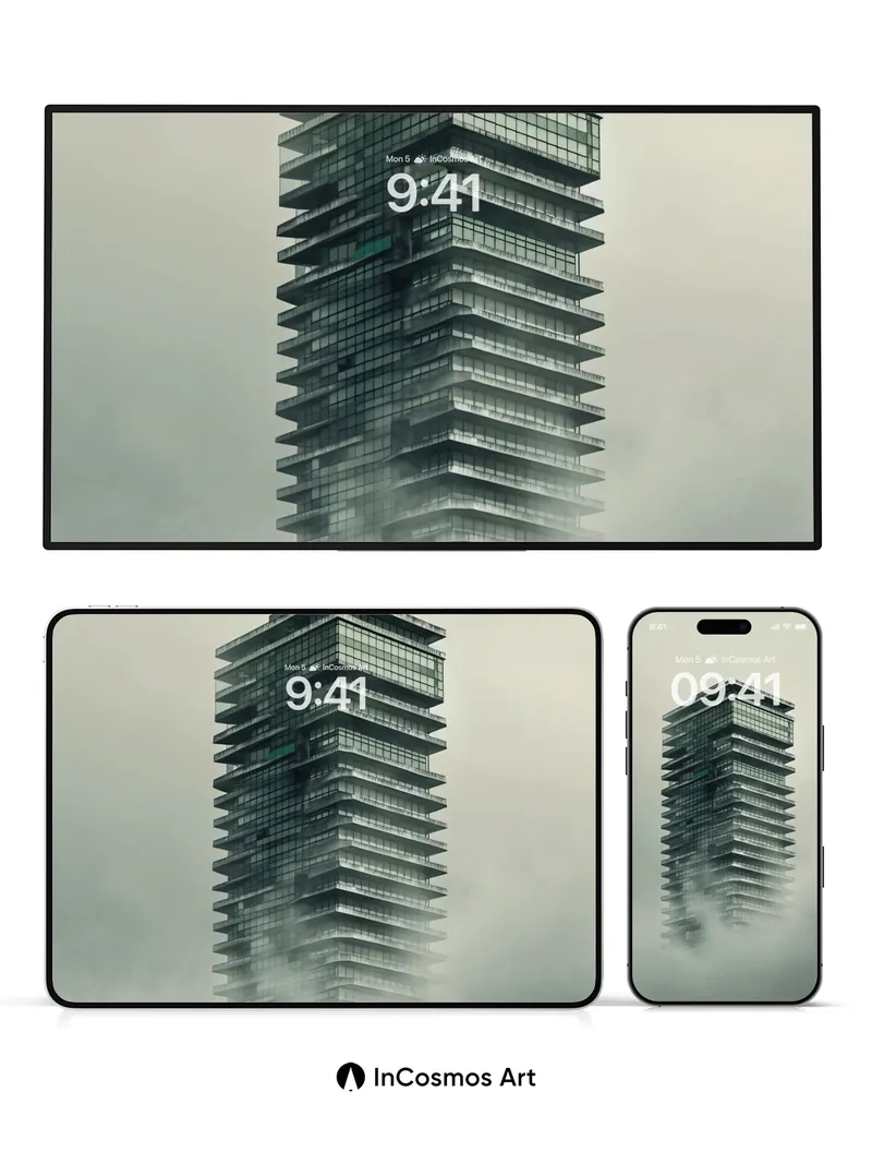 Fog-Clad Spire Wallpaper with Floating Glass