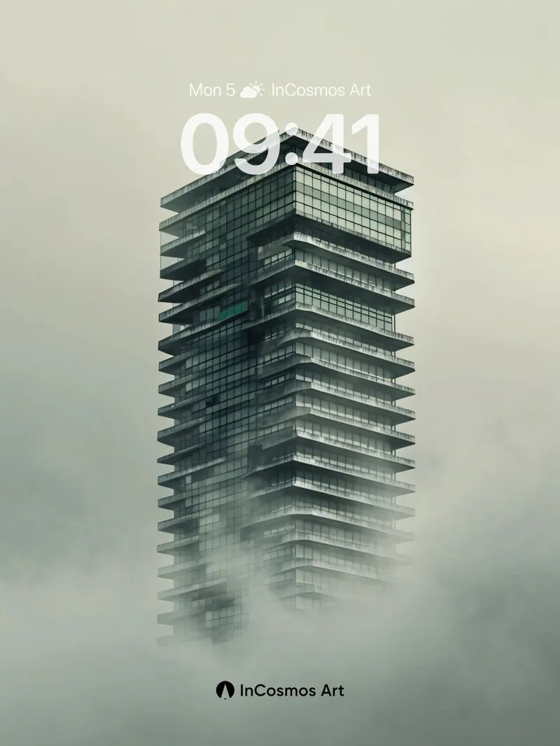 Fog-Clad Spire Wallpaper with Floating Glass