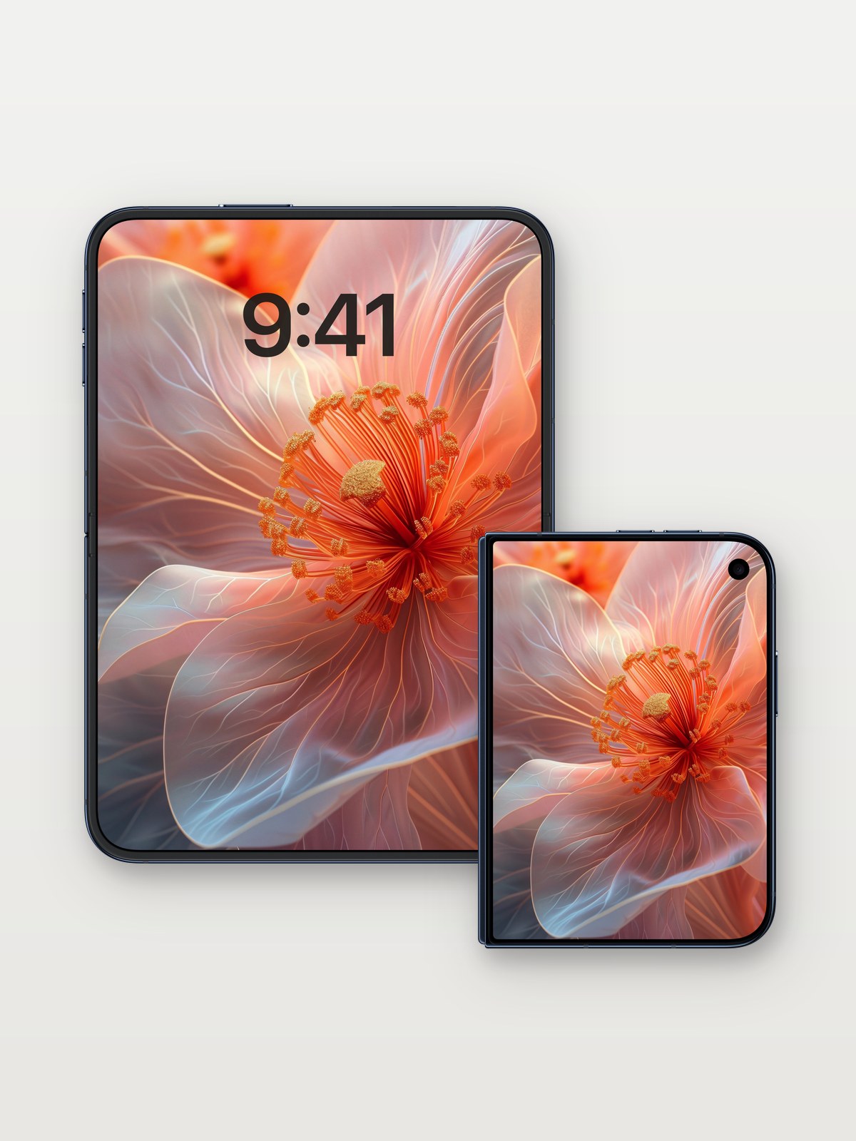 Luminous Petal Wallpaper with Ethereal Veins on iPhone Duo, open and closed
