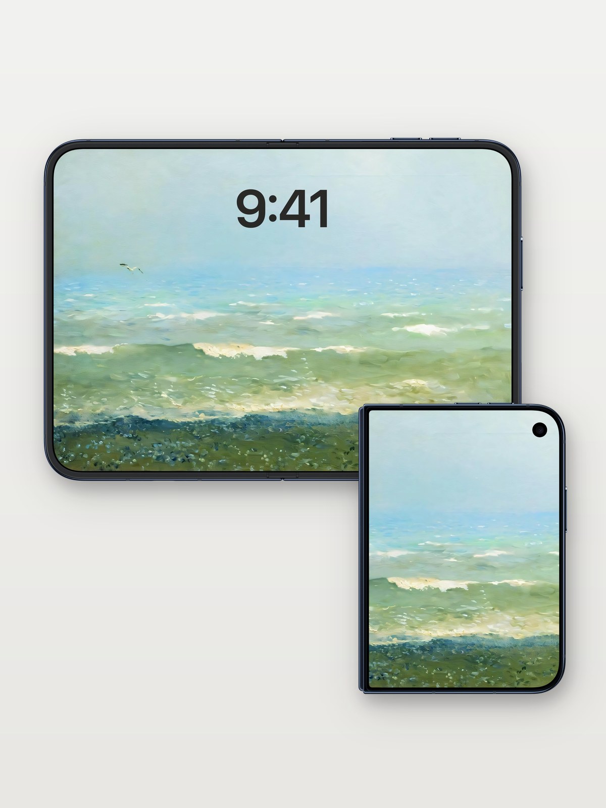 Seafoam Whisper Wallpaper with Gilded Horizons on iPhone Duo, open and closed
