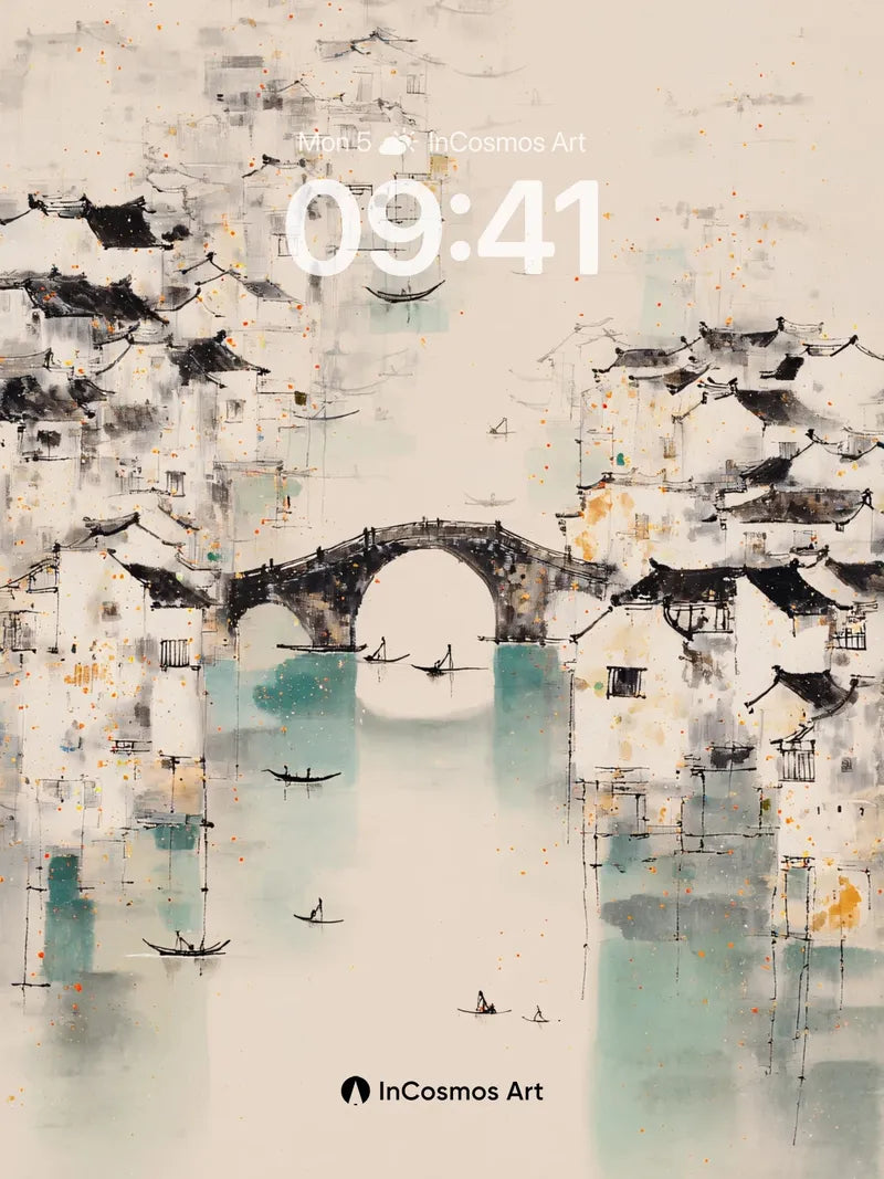 Serene Ink Village Wallpaper with Stone Bridge wallpaper for iPhone, iPad & Mac