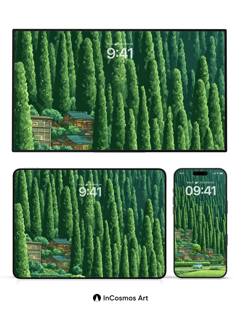 Whispering Pines Wallpaper with Hidden Village