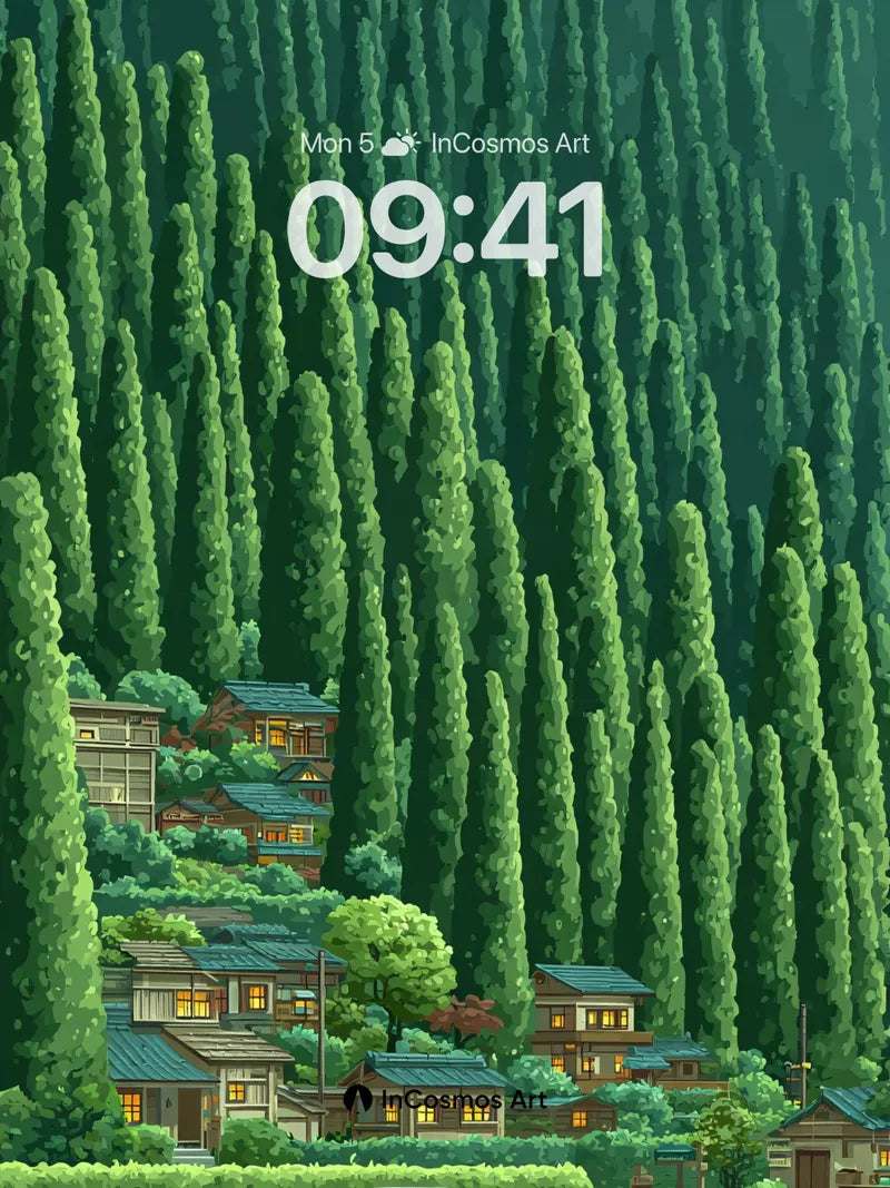 Whispering Pines Wallpaper with Hidden Village