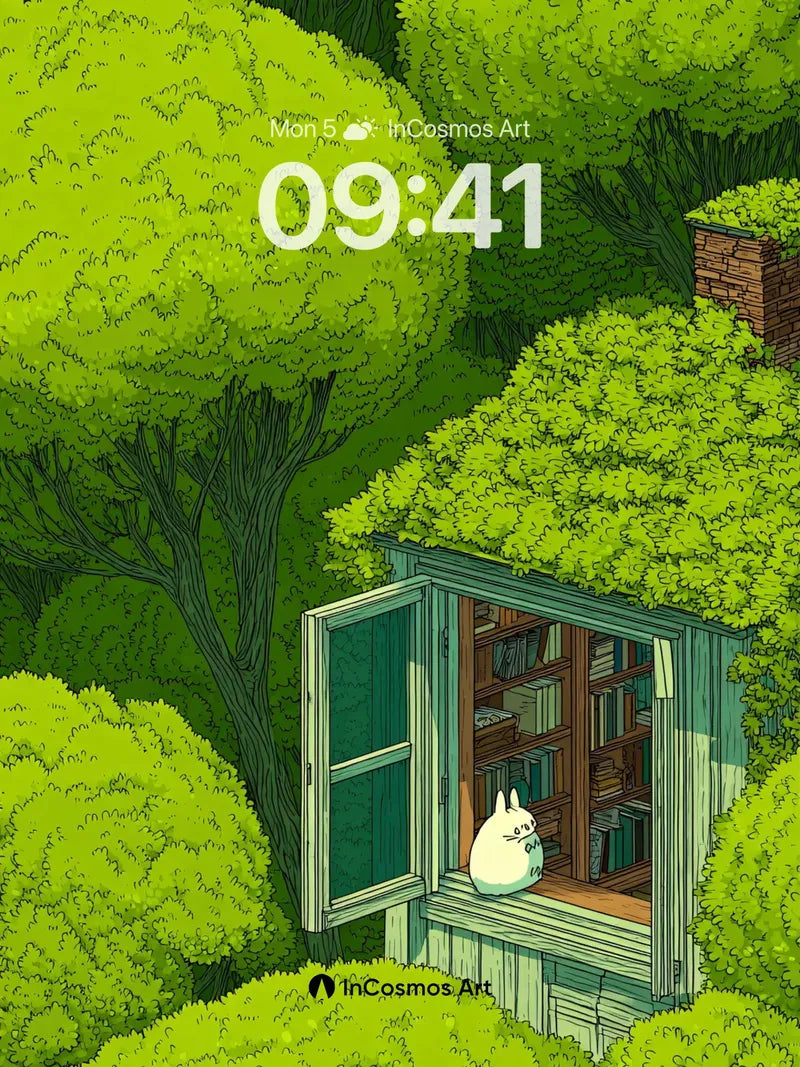 Whispering Green Wallpaper with Library Cat wallpaper for iPhone, iPad & Mac