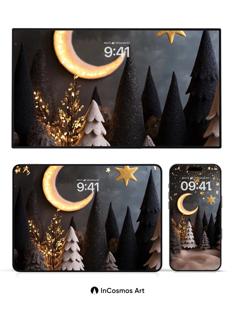 Midnight Forest Wallpaper with Golden Stars