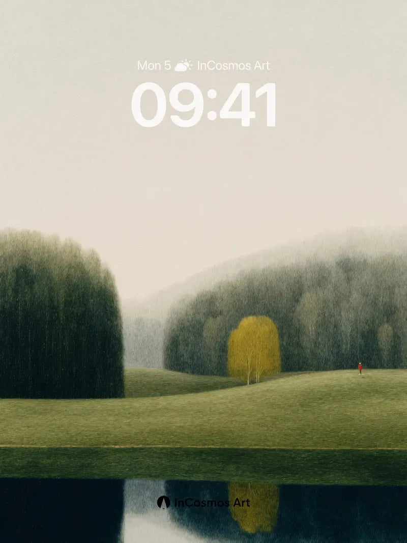 Misty Solitude Wallpaper with Golden Tree Reflection