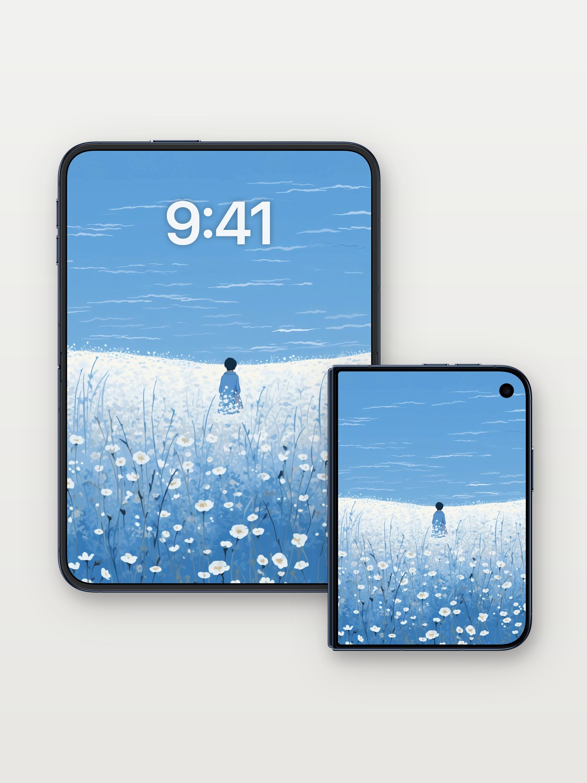 Serenity Field Wallpaper with Whispering Blooms on iPhone Duo, open and closed