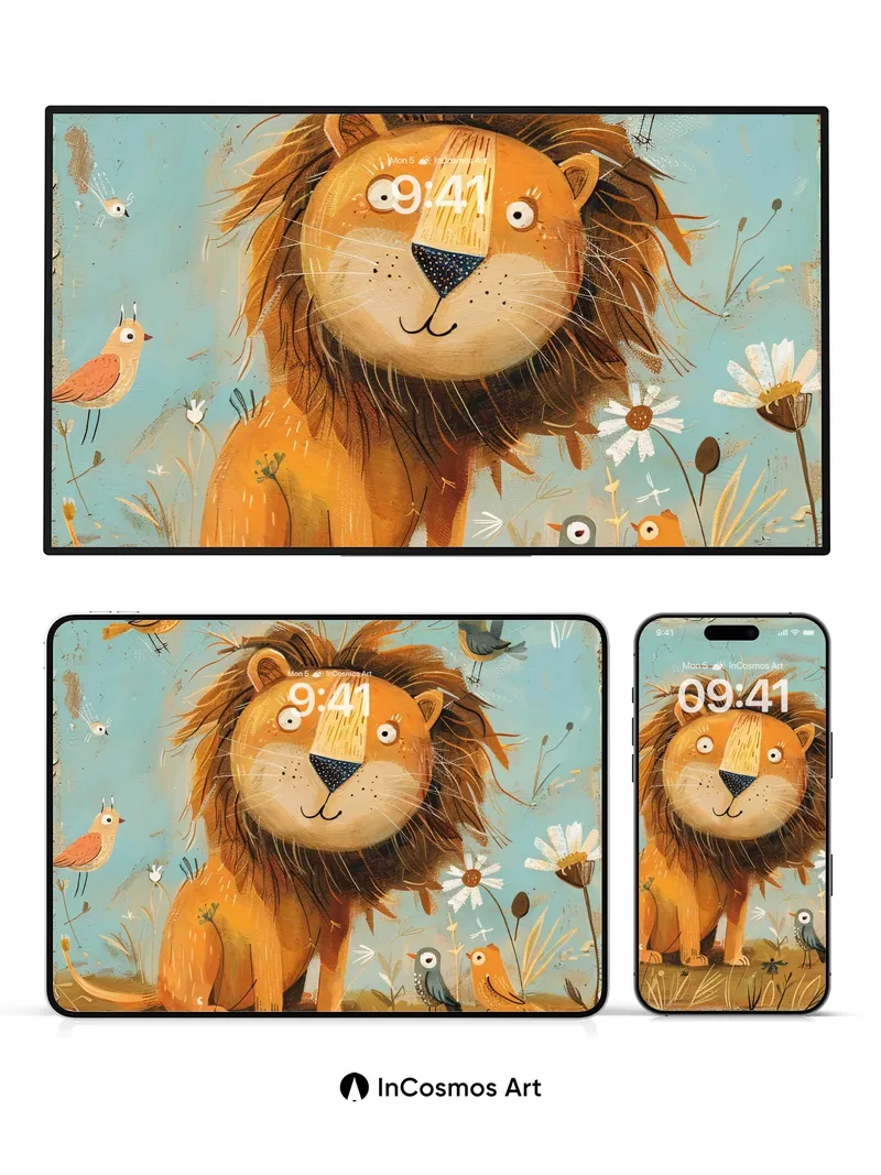 Whimsical Meadow Wallpaper with Playful Lion