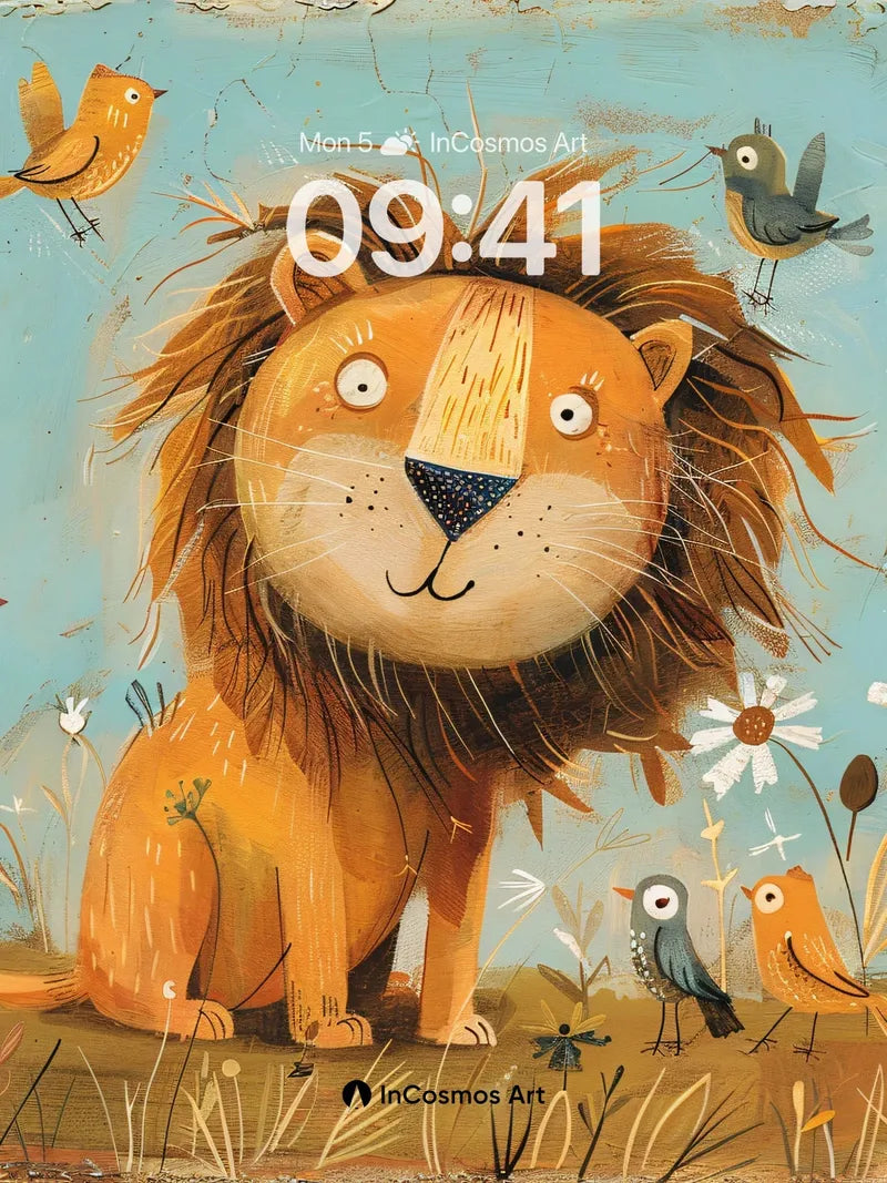 Whimsical Meadow Wallpaper with Playful Lion