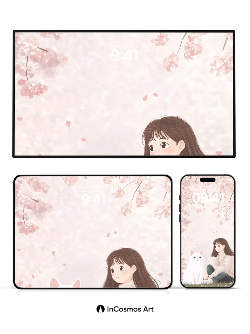 Serenity Blossom Wallpaper with Feline Companion