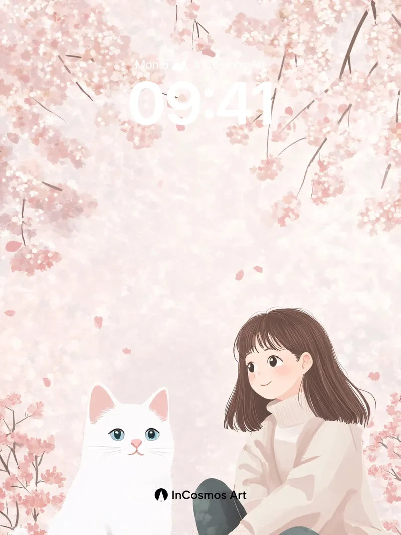 Serenity Blossom Wallpaper with Feline Companion