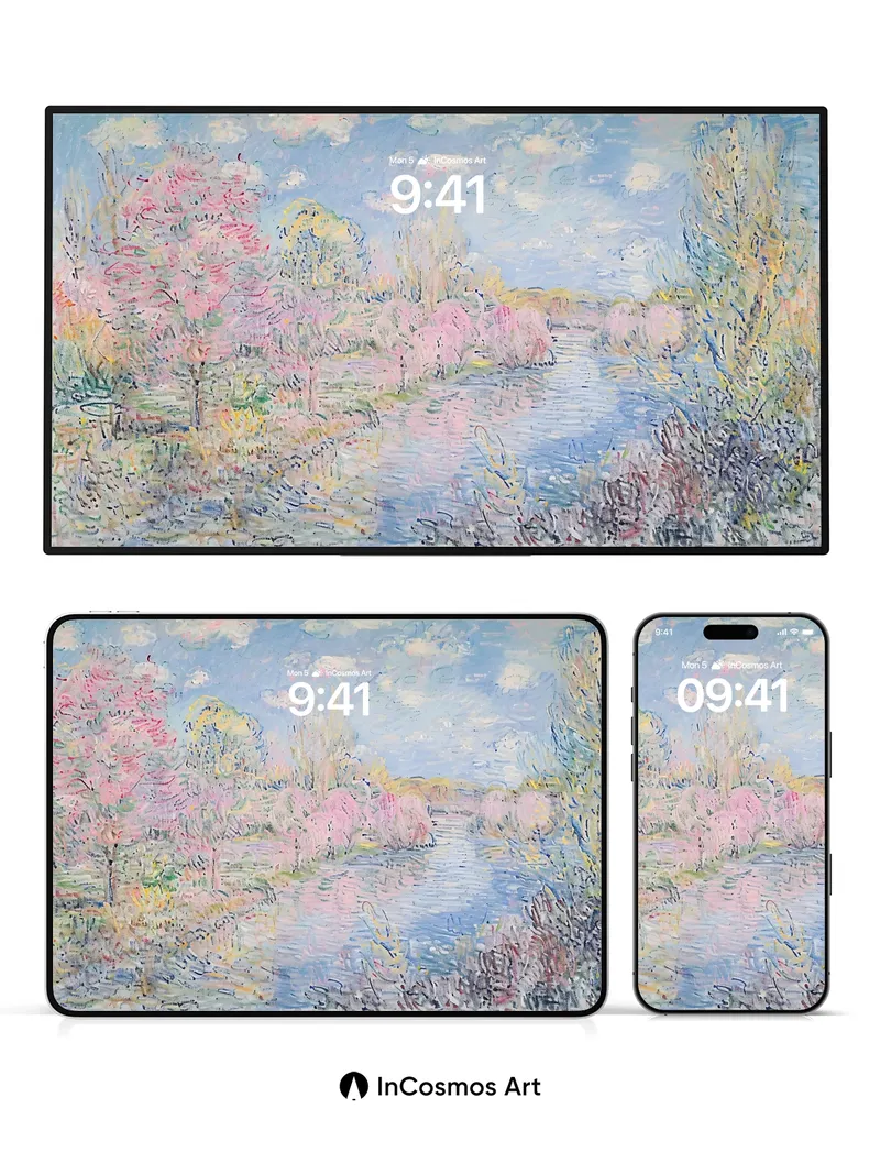 Serene Watercolor River Wallpaper with Monet Touch