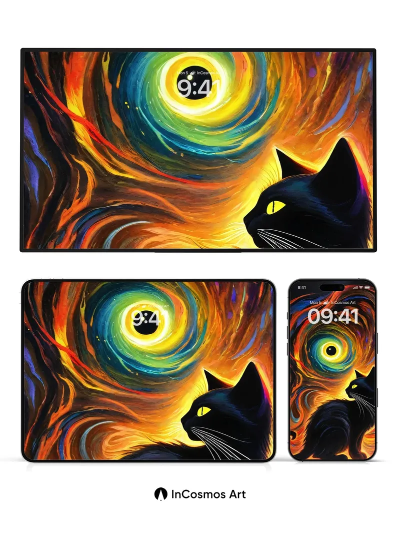 Cosmic Whirlpool Wallpaper with Midnight Feline