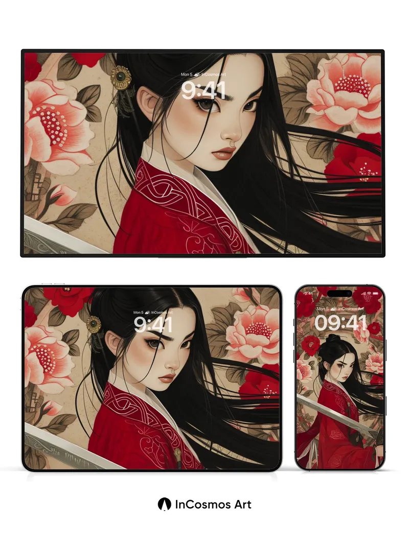 Silken Shadow Wallpaper with Crimson Blossoms