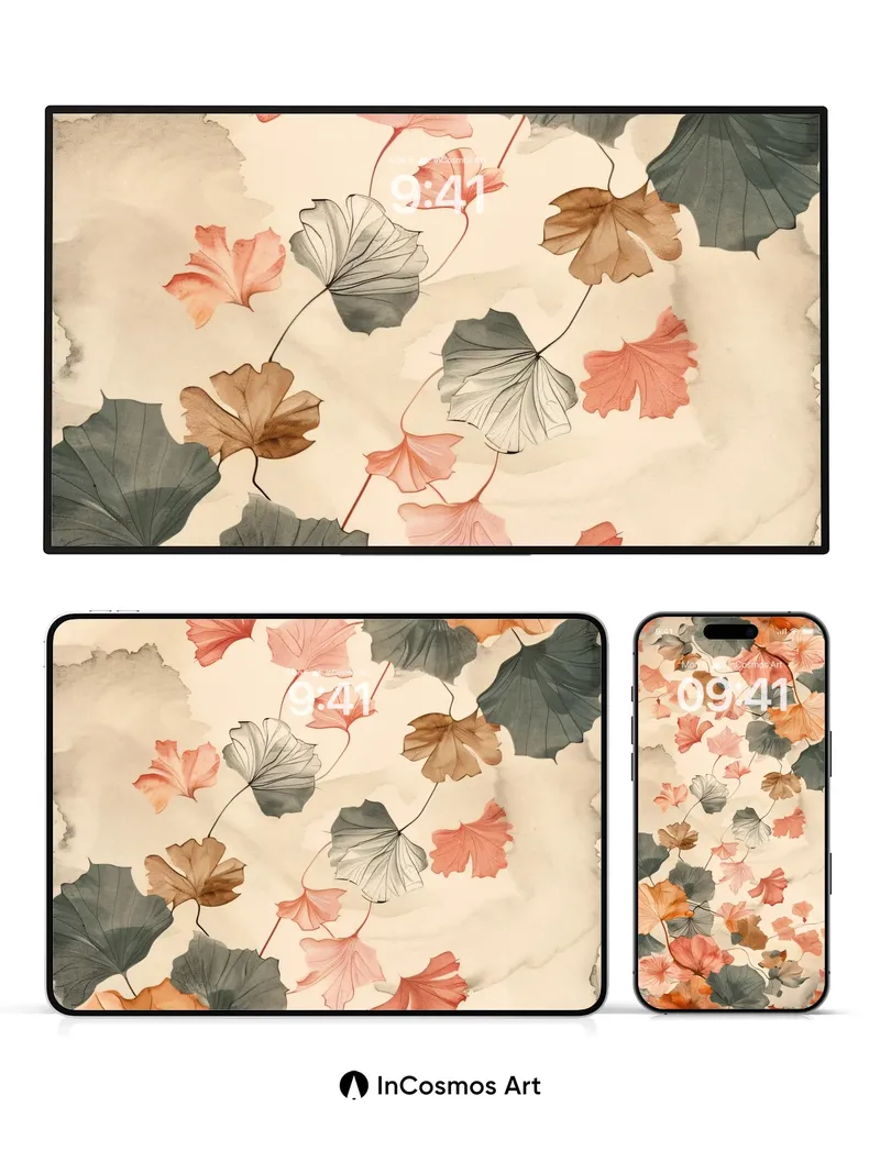 Autumn Whispers Wallpaper with Floating Leaves