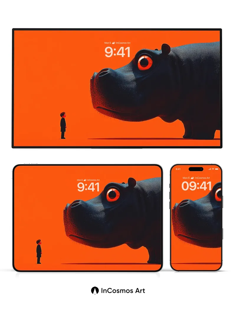 Giant Hippo Gaze Wallpaper with Mini Human Silhouette