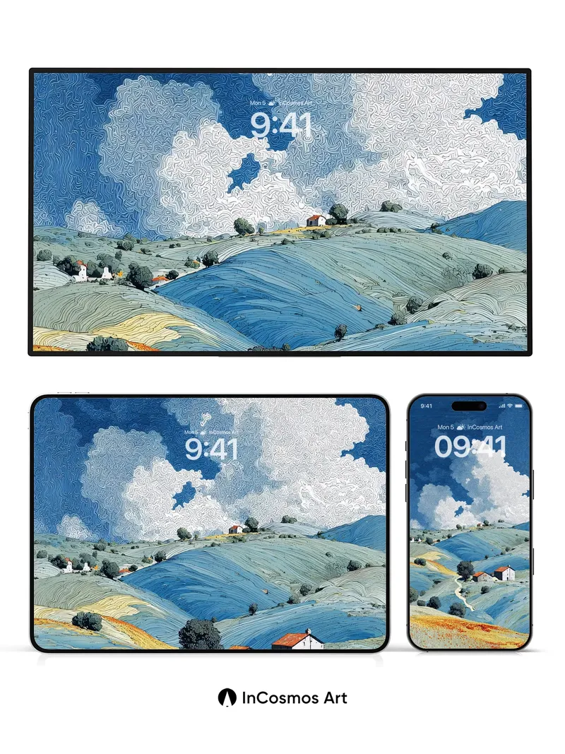 Serenity in Swirling Hills Wallpaper with Cloud-Cradled Light