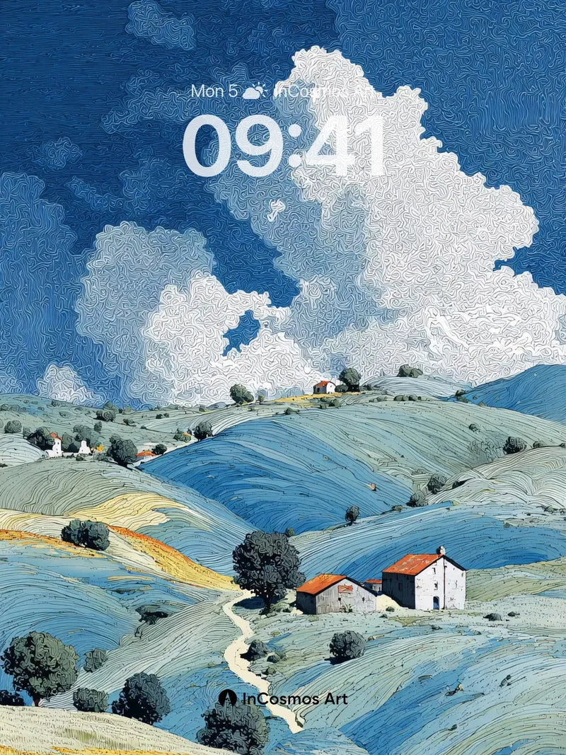 Serenity in Swirling Hills Wallpaper with Cloud-Cradled Light