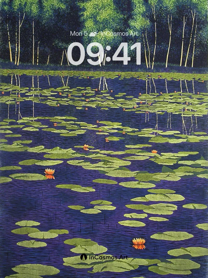 Midnight Lily Wallpaper with Reflective Forest