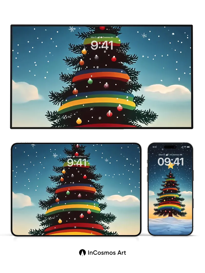 Cosmic Rainbow Christmas Wallpaper with Starlit Sky