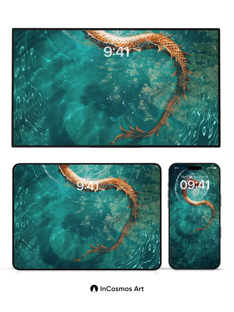 Aquatic Serpent Wallpaper with Moonlit Spiral