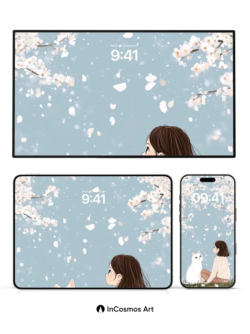 Serenity in Cherry Blossom Wallpaper with Feline Companion
