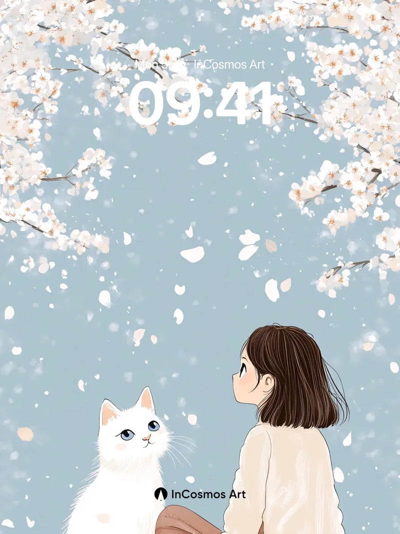 Serenity in Cherry Blossom Wallpaper with Feline Companion wallpaper for iPhone, iPad & Mac