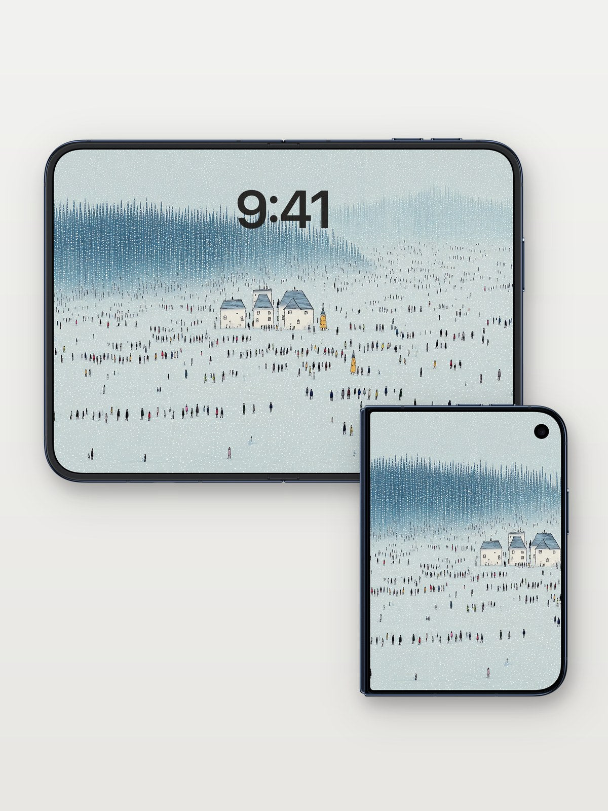 Winter Village Crowd Scene Wallpaper on iPhone Duo, open and closed