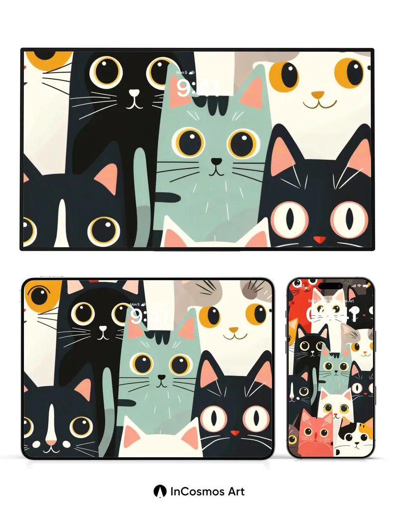 Playful Feline Pattern Wallpaper with Whimsical Eyes