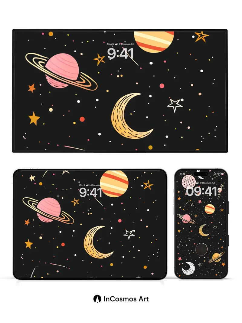 Whimsical Cosmos Wallpaper with Playful Planets