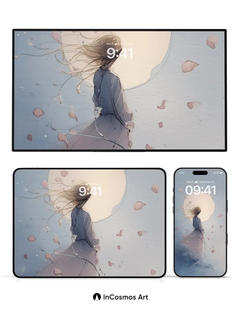 Serenity Moonlight Wallpaper with Floating Petals