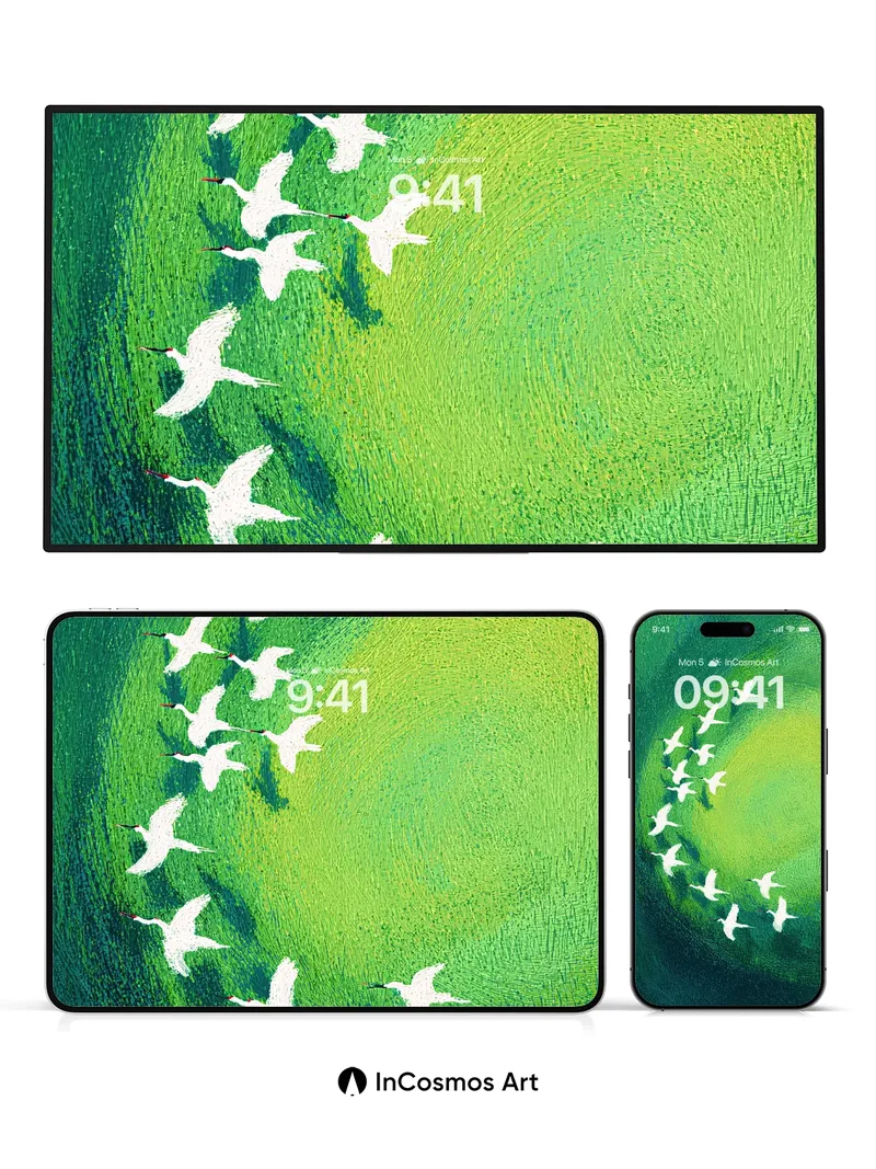 Serenity Spiral Wallpaper with Floating Herons