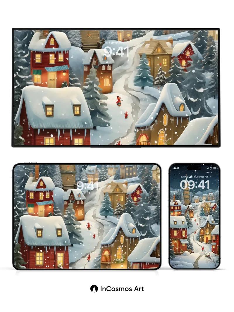 Frost-Kissed Village Wallpaper with Starlit Path