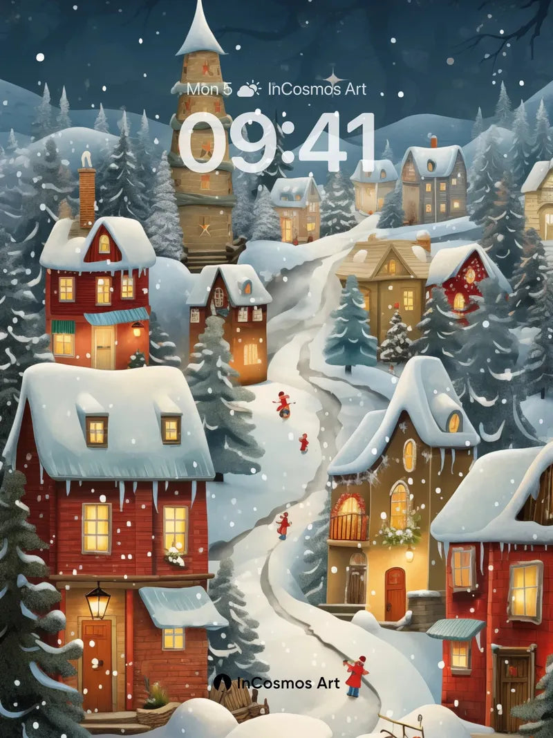 Frost-Kissed Village Wallpaper with Starlit Path