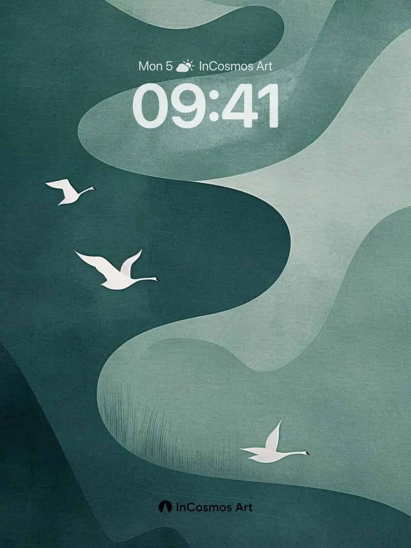 Serene Swan Migration Background with Misty Waves wallpaper for iPhone, iPad & Mac