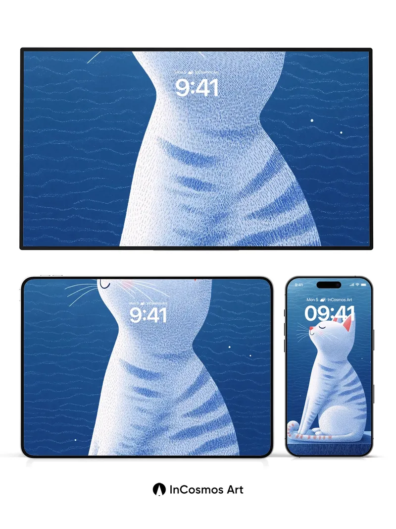 Serene Blue Cat Wallpaper with Starlight Whispers