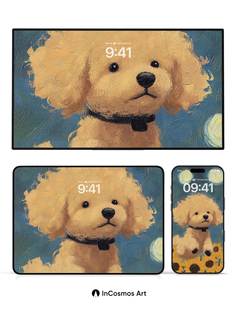 Starry Night Poodle Wallpaper with Sunflower Fields