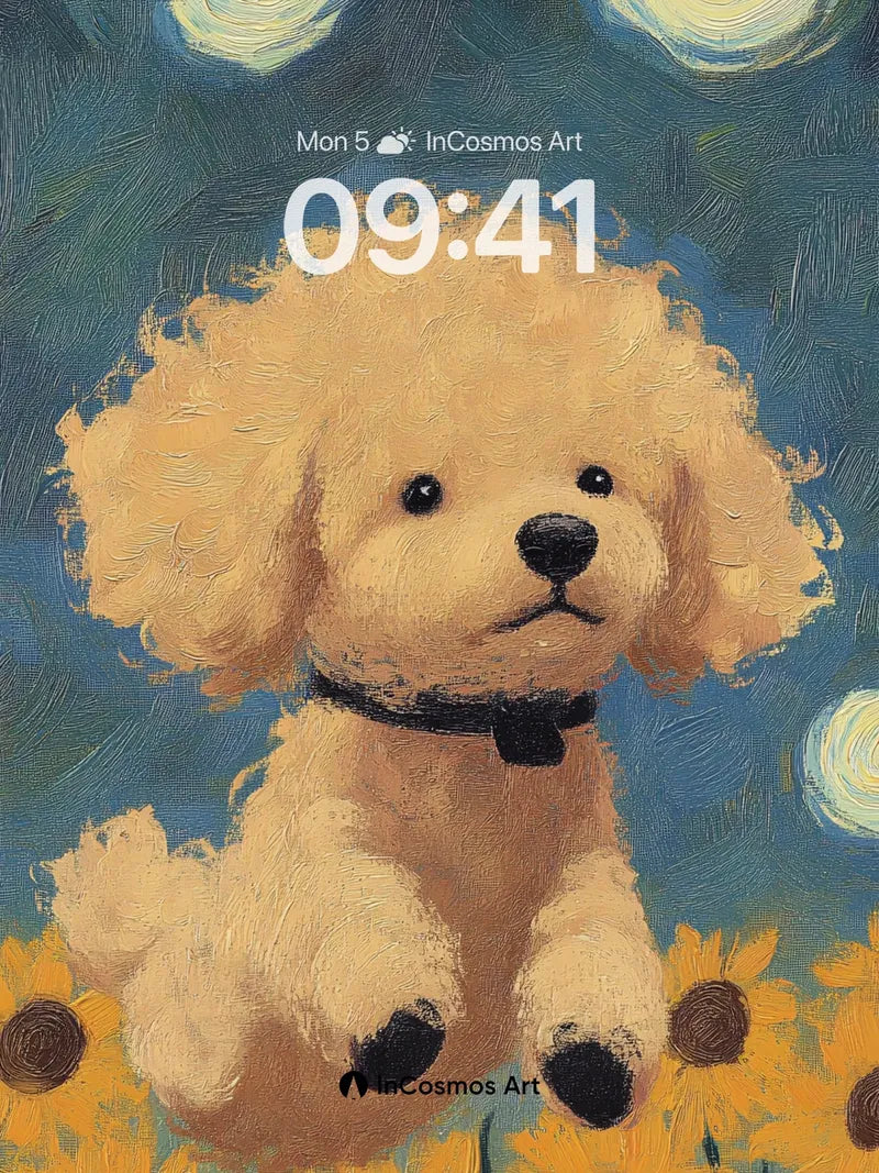 Starry Night Poodle Wallpaper with Sunflower Fields