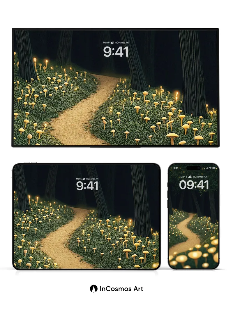 Luminous Forest Path Wallpaper with Glowing Mushrooms